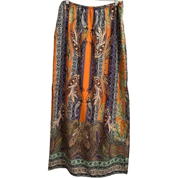 Tyche Maxi Skirt. Floral Paisley Stripes Slits on Sides, Orange, Purple. Large. - Picture 7 of 16